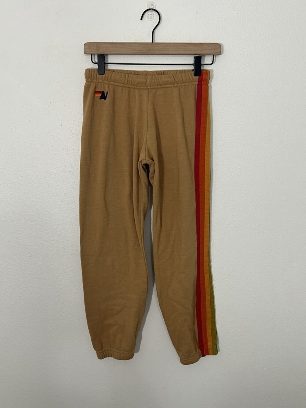Aviator Nation Women’s Tan Sweatpants With Rainbow 5 Stripe Size Small